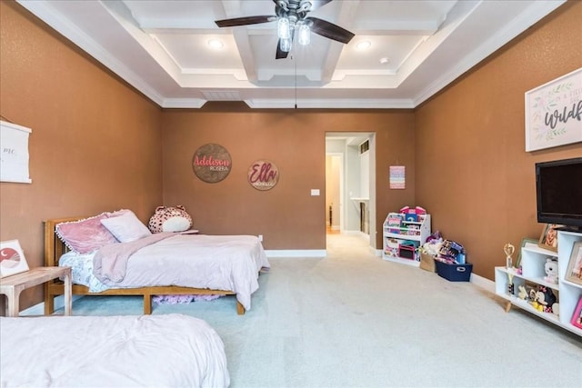 carpeted bedroom with ceiling fan, coffered ceiling, visible vents, baseboards, and beamed ceiling