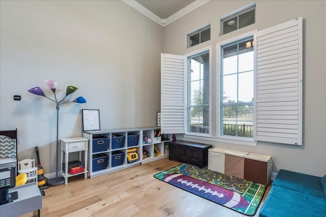 recreation room with baseboards, crown molding, and wood finished floors