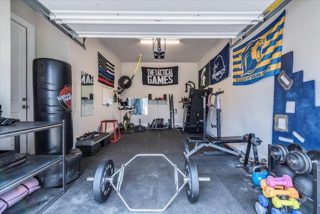 workout room with a garage