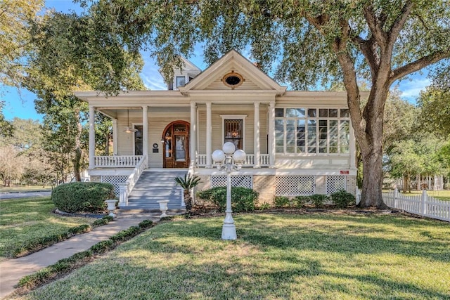 view of front of house featuring covered porch and a front yard