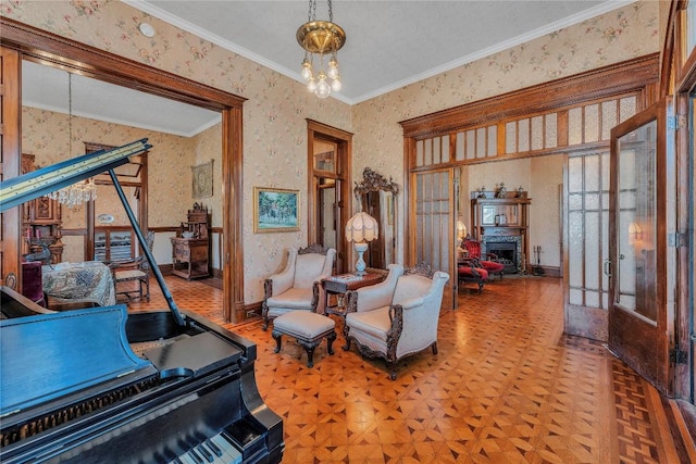 524 Saint Peter St, Gonzales, TX 78629 - sitting room featuring wallpapered walls, crown molding, and a fireplace