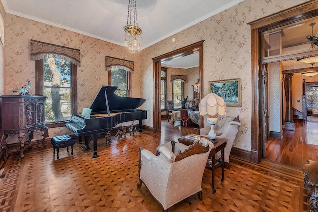524 Saint Peter St, Gonzales, TX 78629 - living area featuring crown molding, wallpapered walls, and parquet floors