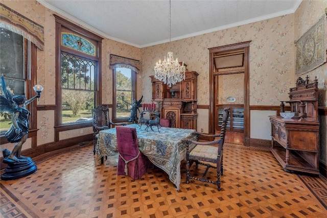 524 Saint Peter St, Gonzales, TX 78629 - dining room with a chandelier, wallpapered walls, ornamental molding, and light floors