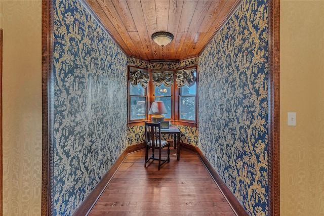 interior space featuring wooden ceiling and dark hardwood / wood-style flooring