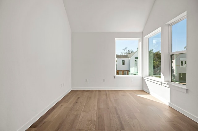 empty room featuring light hardwood / wood-style flooring, plenty of natural light, and lofted ceiling