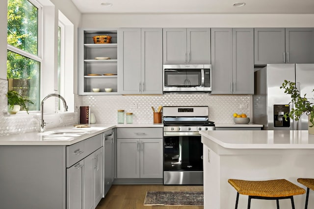 kitchen with gray cabinetry, sink, and stainless steel appliances