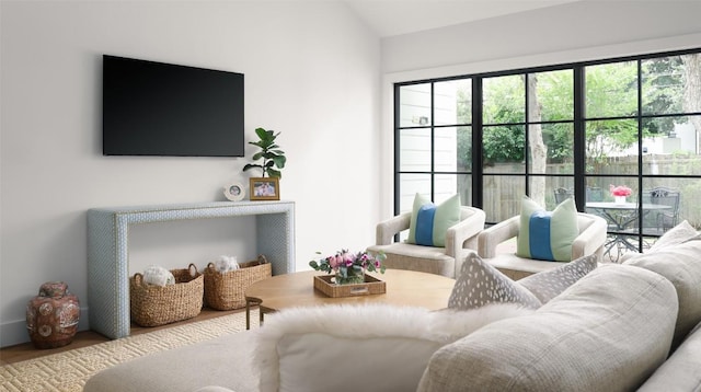 living room featuring lofted ceiling