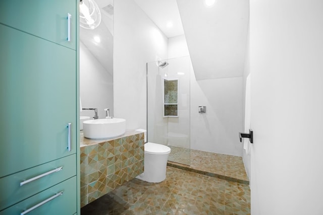 bathroom with toilet, sink, and walk in shower