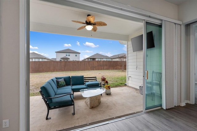 132 Ridgeview Ct, Georgetown, TX 78628 - fenced backyard featuring outdoor lounge area, ceiling fan, and a patio area