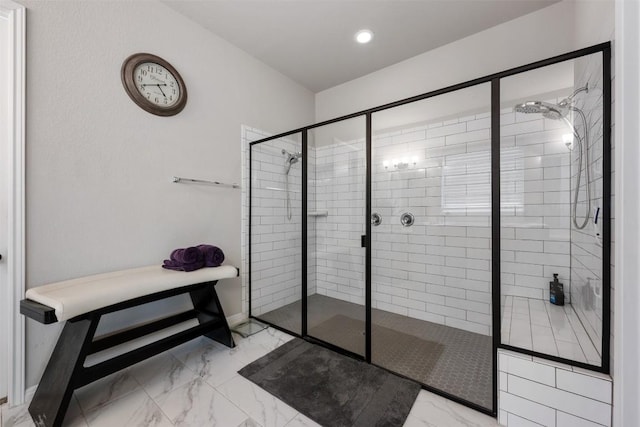 132 Ridgeview Ct, Georgetown, TX 78628 - bathroom with marble look tiles, a tile shower, and recessed lighting