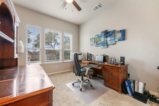 132 Ridgeview Ct, Georgetown, TX 78628 - carpeted home office with ceiling fan and baseboards