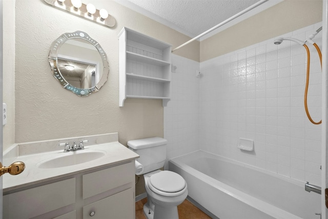 full bathroom featuring vanity, a textured ceiling, toilet, and tub / shower combination