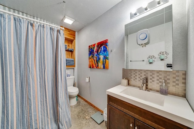 bathroom featuring a shower with shower curtain, vanity, tasteful backsplash, and toilet