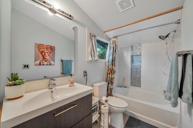 full bathroom featuring shower / bath combo, vanity, toilet, and lofted ceiling