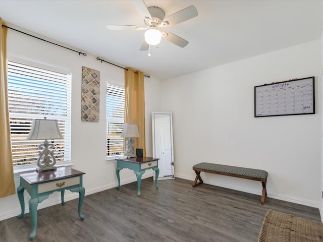 living area with ceiling fan and dark hardwood / wood-style floors