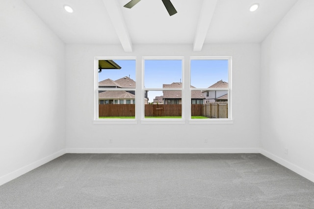 220 Reata Ridge Loop, Liberty Hill, TX 78642 - carpeted spare room with beam ceiling, baseboards, recessed lighting, and ceiling fan