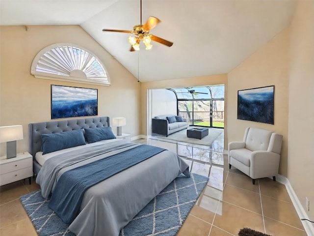 bedroom with multiple windows, tile patterned flooring, and ceiling fan