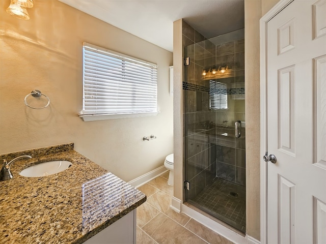 bathroom featuring vanity, tile patterned floors, toilet, and walk in shower