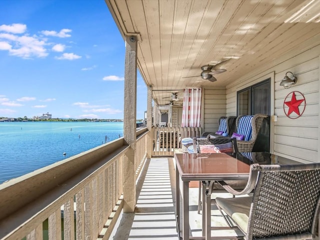 balcony featuring ceiling fan and a water view