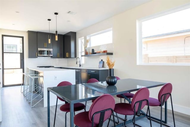 kitchen with light hardwood / wood-style floors, hanging light fixtures, a wealth of natural light, and stainless steel appliances