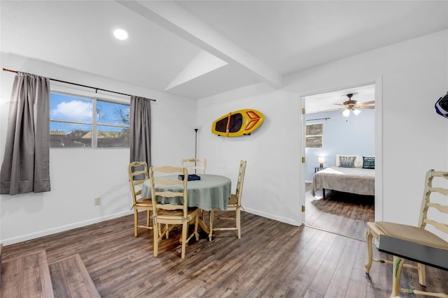 dining room featuring ceiling fan and dark hardwood / wood-style flooring