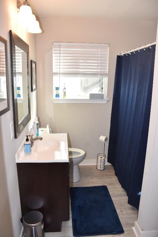 bathroom featuring hardwood / wood-style floors, vanity, and toilet