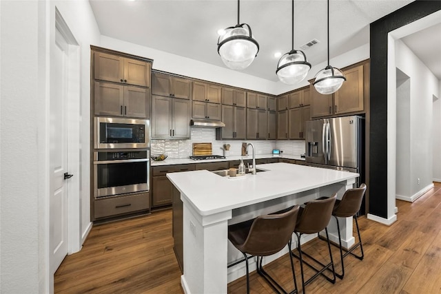 kitchen with pendant lighting, sink, an island with sink, tasteful backsplash, and stainless steel appliances