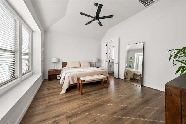 bedroom featuring ceiling fan, lofted ceiling, and dark wood-type flooring