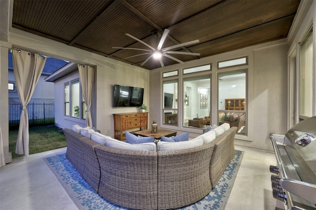 view of patio with an outdoor hangout area, ceiling fan, and a grill