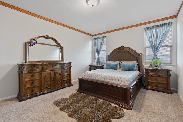 bedroom featuring light carpet and ornamental molding