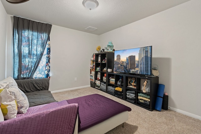 carpeted living room featuring a textured ceiling