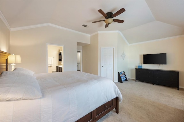 bedroom with ceiling fan, crown molding, light carpet, and vaulted ceiling