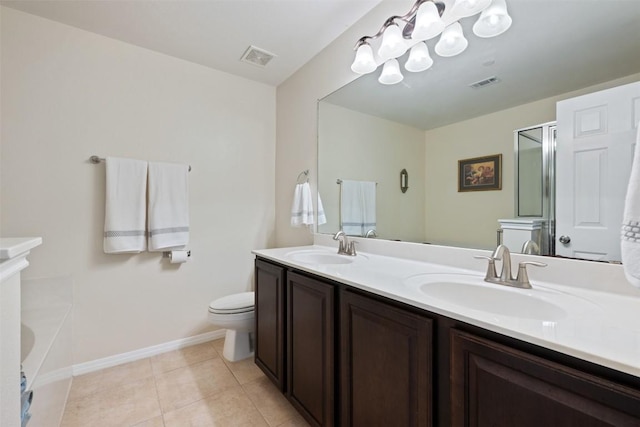 full bathroom featuring tile patterned floors, vanity, independent shower and bath, and toilet