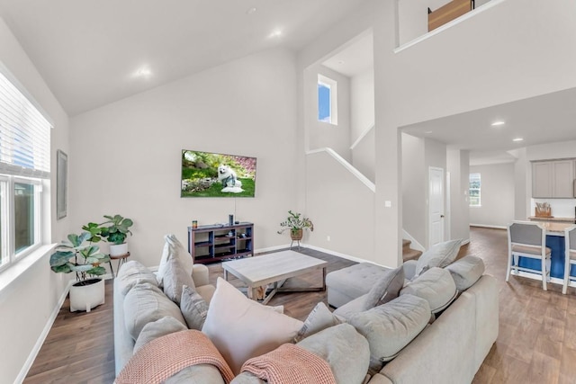 living room with high vaulted ceiling and wood-type flooring