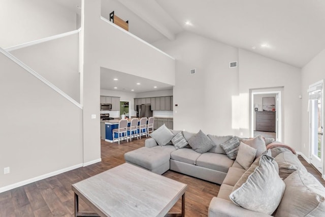 living room featuring hardwood / wood-style floors and high vaulted ceiling