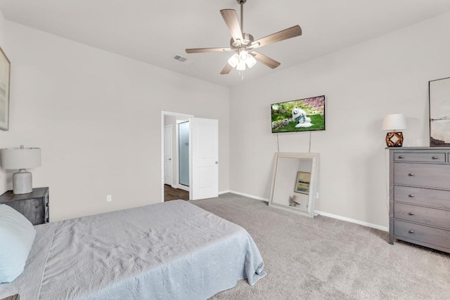 carpeted bedroom featuring ceiling fan