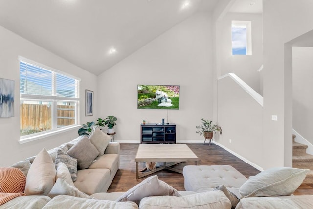 living room featuring high vaulted ceiling, a healthy amount of sunlight, and wood-type flooring