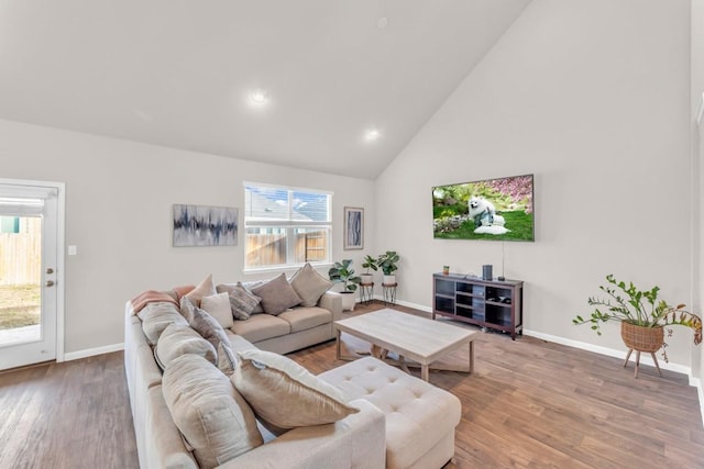 living room featuring wood-type flooring and high vaulted ceiling