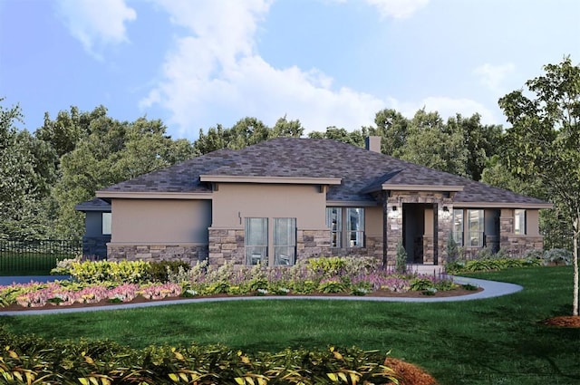 prairie-style home with stone siding, stucco siding, a chimney, and a front yard