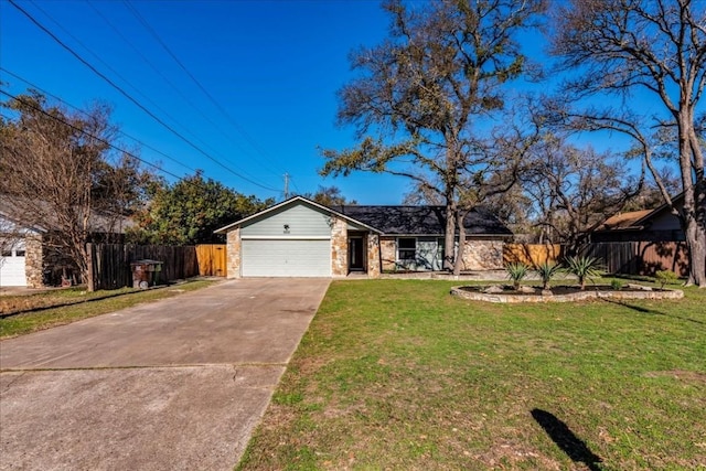 ranch-style house with a front yard and a garage