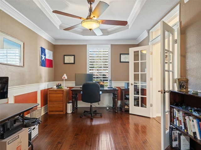 office with a raised ceiling, french doors, dark hardwood / wood-style floors, and ornamental molding