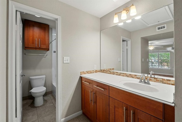 bathroom featuring ceiling fan, tile patterned flooring, toilet, decorative backsplash, and vanity