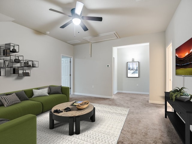 living room with light colored carpet and ceiling fan