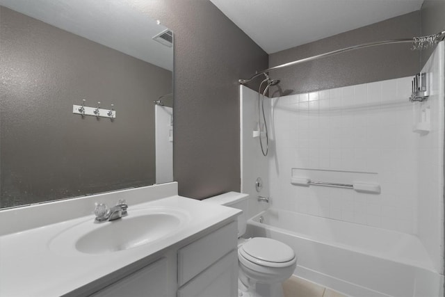 full bathroom with tile patterned flooring, vanity, shower / bathtub combination, and toilet