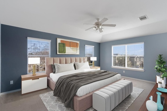 carpeted bedroom featuring ceiling fan