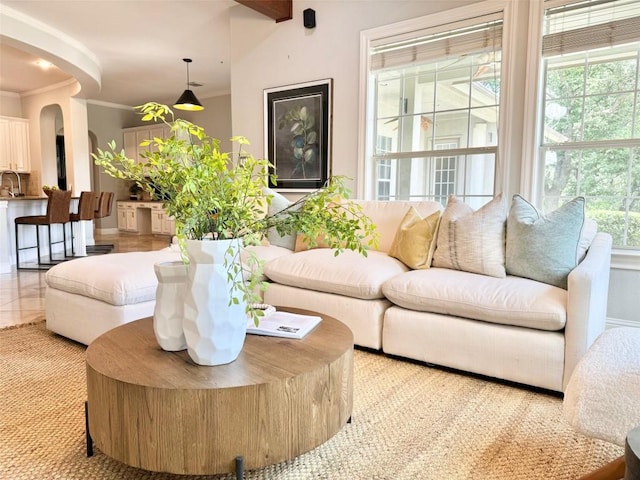 living room with tile patterned floors, a healthy amount of sunlight, sink, and crown molding