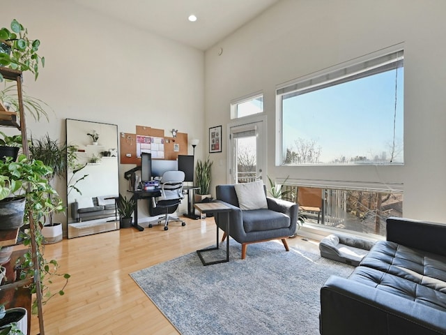 living room with hardwood / wood-style floors and a towering ceiling