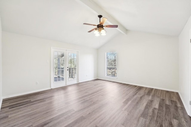 unfurnished room with lofted ceiling with beams, ceiling fan, dark hardwood / wood-style floors, and french doors