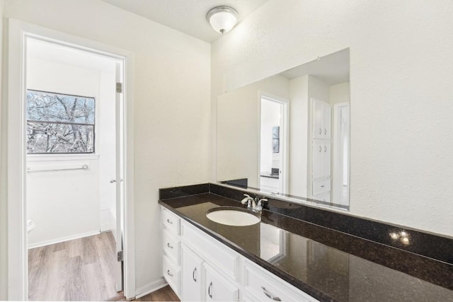 bathroom with hardwood / wood-style floors and vanity