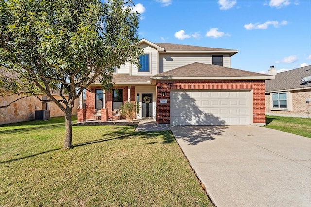 view of front facade featuring central AC, a front lawn, and a garage